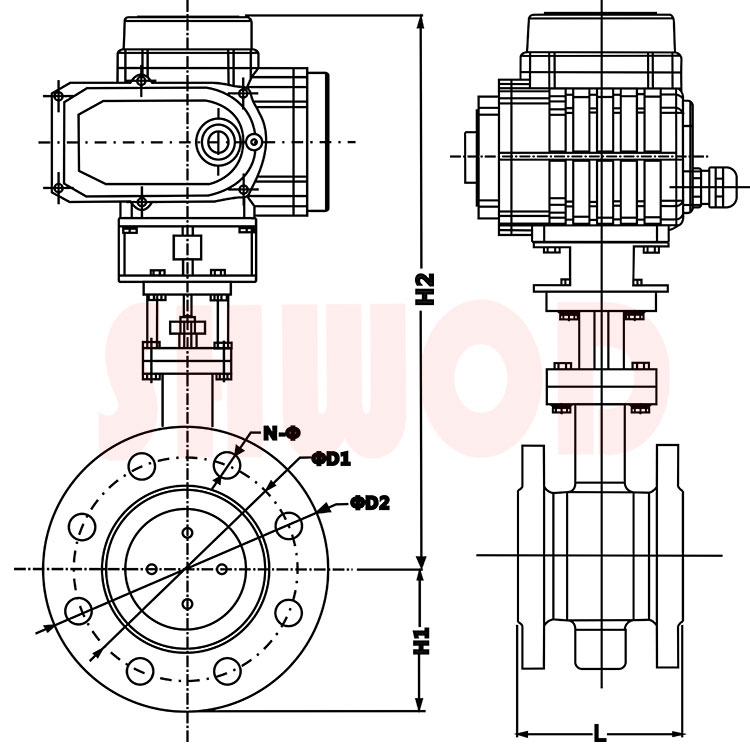 電動法蘭蝶閥（硬密封）外形尺寸圖